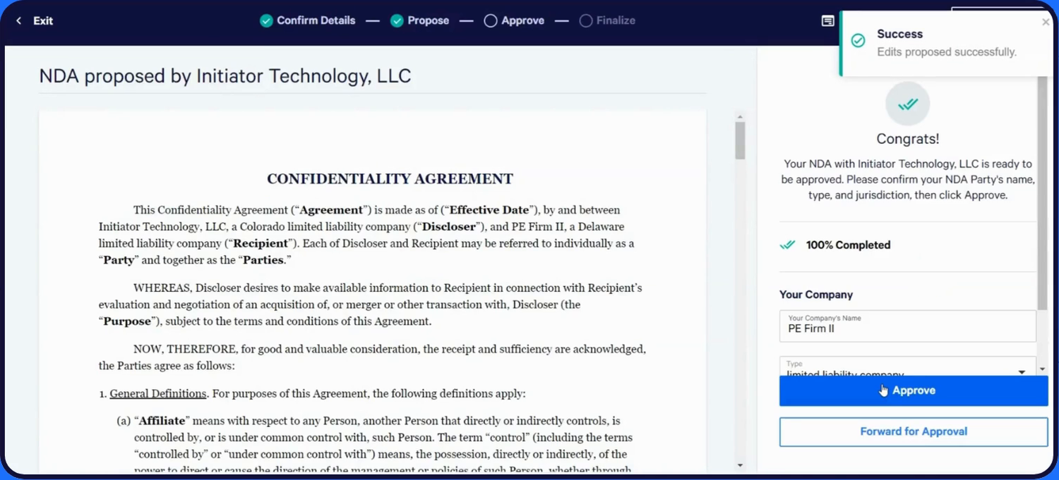 FIG. 2 — A FULLY MATCHED AGREEMENT, ASSEMBLED FROM RULE OUTPUT AND ROUTED FOR APPROVAL.