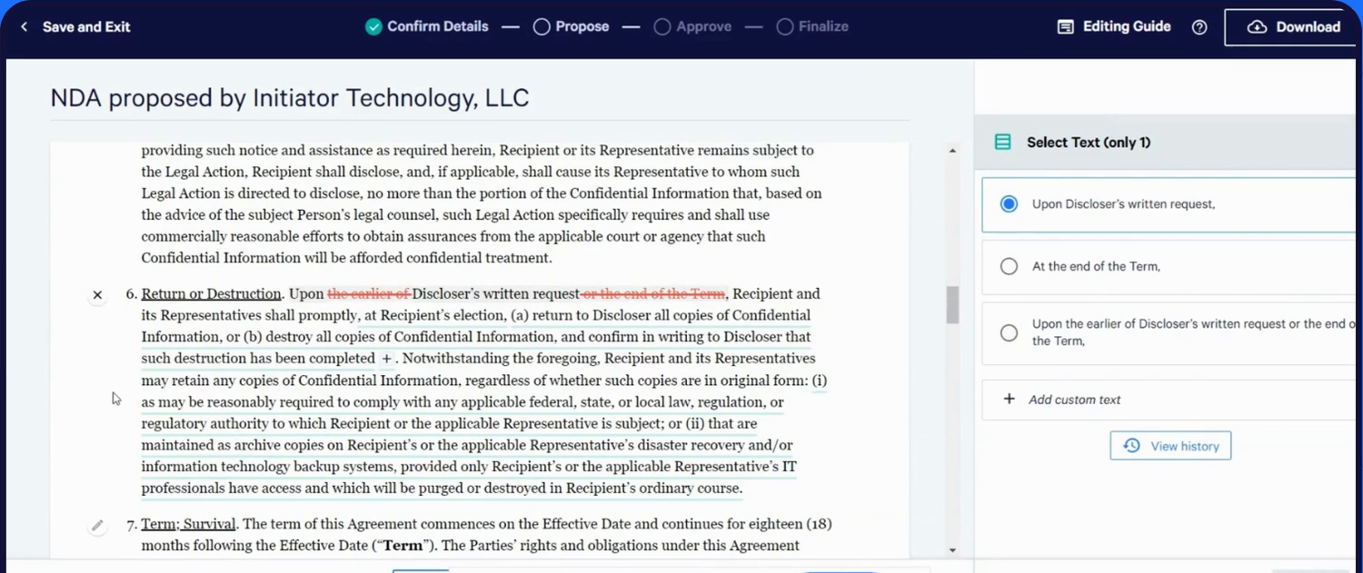 FIG. 3 — TERM-LEVEL REVIEW. STRUCK LANGUAGE AT LEFT; PRE-APPROVED ALTERNATIVES AT RIGHT. NO TEXT IS GENERATED.